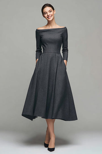 Dark Grey A Line Bateau Neck Work Dress with Long Sleeves